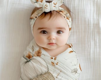 Pumpkin Swaddle Blanket: Jersey Knit Baby Beanie, Headband & Nursing Cover