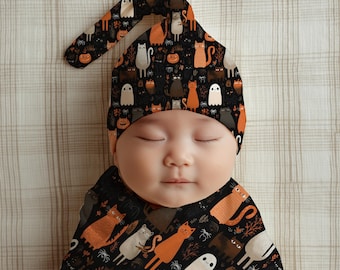 Halloween Cats Baby Swaddle Set: Beanie, Headband & Blanket