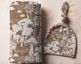 Forager’s Garden Mushroom Swaddle – Brown Woodland Baby Blanket