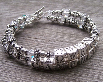 3 Strand Custom Made Personalized  Mothers Grandmothers  Name Bracelet with Sterling Austrian Crystal