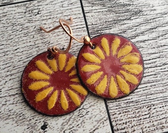 Red with Yellow Sunflower Enameled Copper Earrings