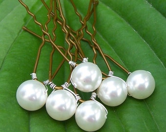 6 Bridal Hair Pins with Austrian Crystal Pearls 8mm