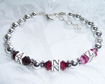 Mother's 3 Letter Initial Bracelet with Crystal and Sterling Silver