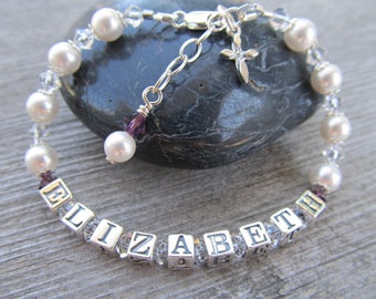 Childs Name Bracelet Austrian Crystal Pearl Crystal Sterling Silver Letters Baptism Christening or Birth