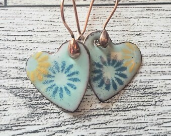 Blue/Green and Yellow Flower Hearts Enameled Copper Earrings