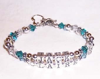 2 Strand Mothers Grandmothers  Name Bracelet with Sterling Austrian Crystals and Gold