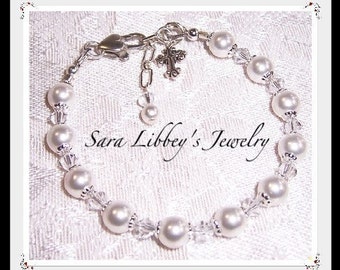 First Communion or Flower Girl Bracelet  Necklace and Earrings with Swarovski Pearl and Crystals