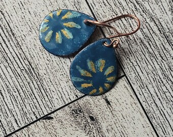 Electric Blue and Yellow Flower  Enameled Copper Earrings