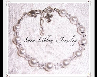 First Communion or Flower Girl Bracelet and Earrings with Swarovski Pearl and Crystals