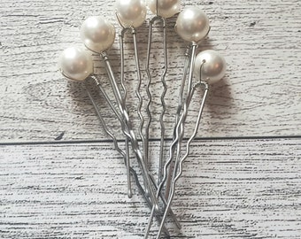 6 Bridal Hair Pins with Austrian Crystal Pearls 8mm