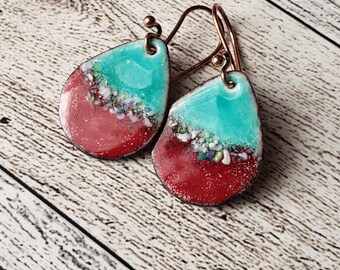 Aqua and Fire Red  Enameled Copper Earrings