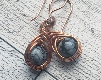 Snowflake Obsidian and Copper Drop Earrings