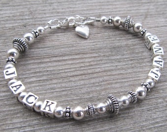 Name Personalized Mothers Bracelets in All Sterling Silver Mommy Grandma Grandmother 8 letters