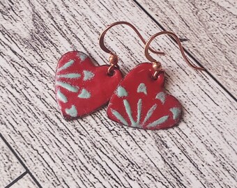 Red and Turquoise Blue Mendala Flower Burst Heart Enameled Copper Earrings