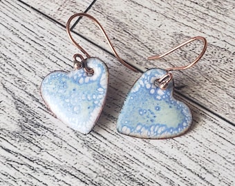 Blue Light Green and White Crackle Hearts Enameled Copper Earrings