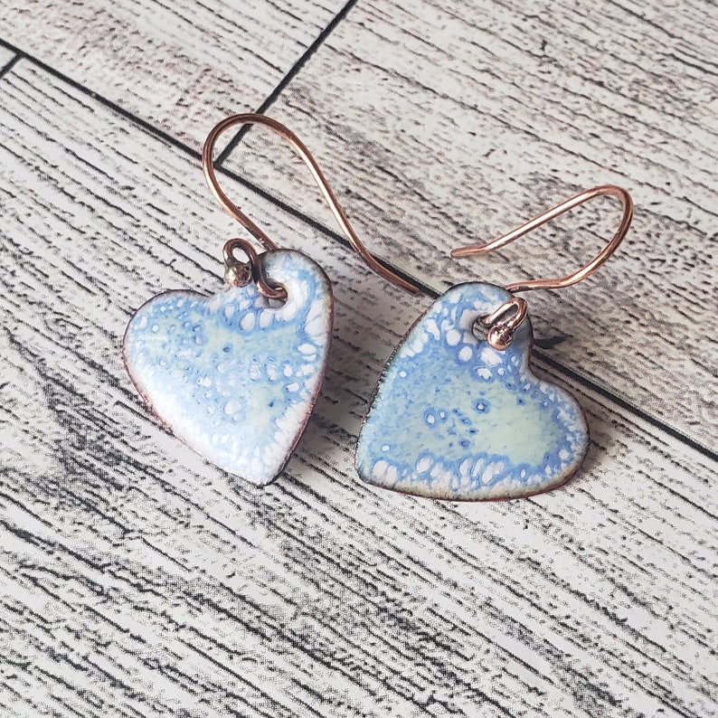 Blue Light Green and White Crackle Hearts Enameled Copper Earrings image 1