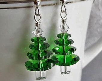 Large 4 Tier Fern Green Christmas Trees with Austrian Crystals and Sterling Earrings