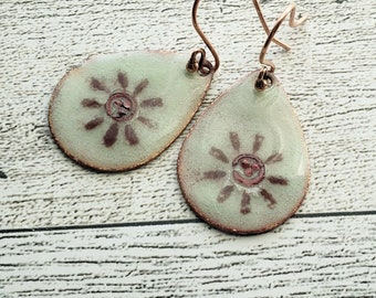 Green with Sunburst Enameled Copper Teardrop Earrings