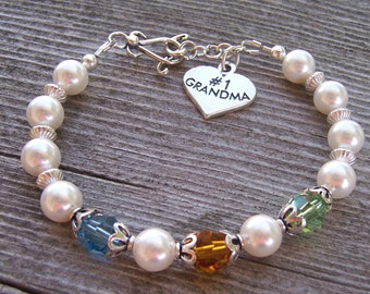 Grandma  Birthstone Bracelet Sterling Silver and Austrian Crystal