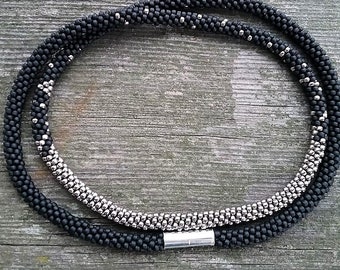 Matte Black and Silver Kumihimo Beaded Necklace