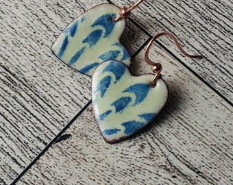 Blue/Green Hearts Enameled Copper Earrings