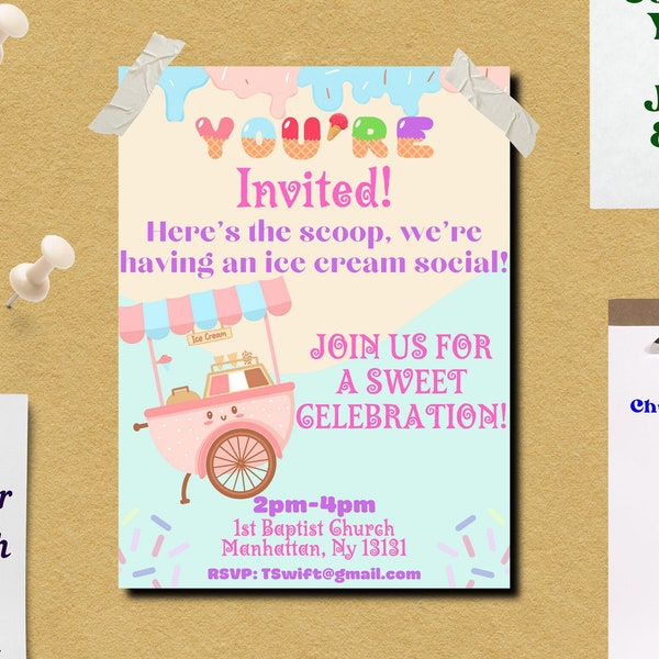Ice Cream Party Poster, Ice Cream Social, Digital Download 11x14, Church board, Party Announcement, Party Invite, Invitation, School Party
