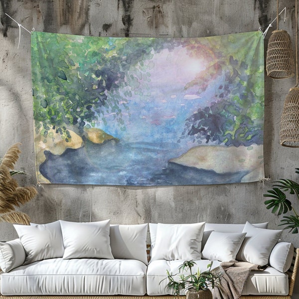 Hanging wall decor, tapestry, nature, trees, boho, forest, bedroom, living room, dorm, apartment, watercolors, cave, waterfall, coastal