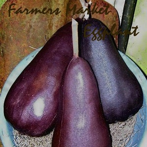 May include: Three dark purple eggplants, with stems, are arranged in a blue bowl with straw. The eggplants have a glossy sheen and are of varying shapes. The image has text that reads "Farmers Market Eggplant" and "afras Hill Primitives".