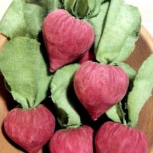 Pode incluir: Uma tigela de madeira cheia de rabanetes em forma de coração e folhas verdes. Os rabanetes são de uma cor rosa profunda, e as folhas são de um verde suave. A disposição é uma exibição rústica e naturalista.