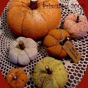Könnte beinhalten: Eine Sammlung von sechs Stoffkürbissen in verschiedenen Größen und Farben, darunter Orange, Weiß, Gelb und Hellbraun, jeweils mit einem braunen Stiel. Ein hellbraunes Etikett an einem Kürbis trägt die Aufschrift "PRIM LIL PUMPKINS" und der Text "Sassafras Hill Primitives 2004" ist sichtbar.