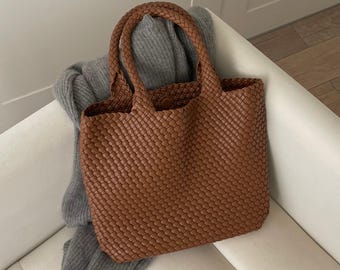 Camel Brown Woven Shoulder Bag for Women Large Vegan Leather Purse Brown Gusset Tote Bag Hobo Travel Handbag Braided Purse