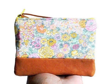 Leather Coin Pouch, Yellow Floral Wallet, Small Change Purse, Small Leather Pouch, Coin Wallet for Women