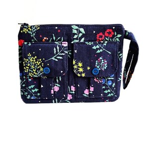 Bolso de mano, bolso de mano azul marino, cartera de mano con flores, bolsa de tela con cremallera, monedero para teléfono