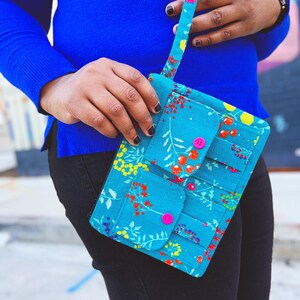 Cartera de pulsera, monedero de pulsera con flores, cartera de pulsera turquesa, bolsa de tela con cremallera