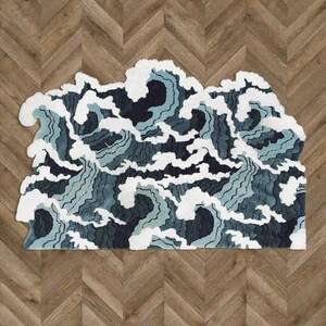 Japanese Wave Rug: Hand-Tufted Wool & Acrylic Ocean Blue Rug