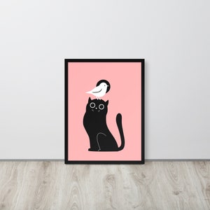 Impresión enmarcada de gato con pájaro posado en la cabeza, pájaro intrépido con aura radiante, arte de pared contemporáneo minimalista para amantes de los gatos