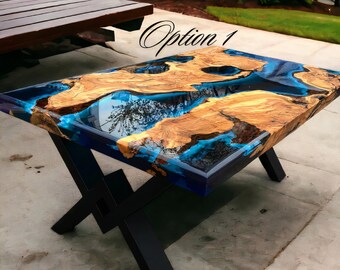 Blue Resin Dining Table | Epoxy River Table Top | Custom Epoxy Table | Live Edge Epoxy And Wood Table For Living Room