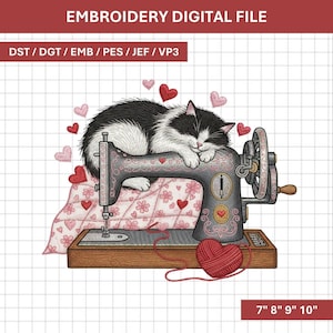 May include: An embroidery digital file featuring a black and white cat sleeping on a vintage sewing machine. The machine is decorated with hearts and flowers, with a red yarn heart and a quilt. The image dimensions are 7", 8", 9", and 10".