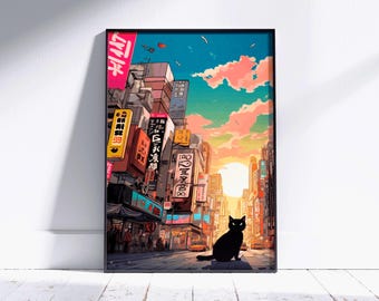 Black Cat Tokyo Cityscape Poster, Cozy Japanese Street Art, Lofi Anime Wall Decor, Japandi Print, Cat Lover Gift