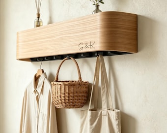 Personalized WallCoat Rack Shelf,Minimalist Floating Entryway Organizer,Modern Wood Coat Hook,Scandinavian Mudroom Storage,Housewarming Gift