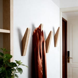 Könnte beinhalten: Hölzerne Wandhaken in modernem Design. Die Haken sind an einer weißen Wand befestigt, an einem hängt ein rostfarbener Schal. Die Haken sind aus hellem Holz gefertigt und haben eine dreieckige Form. Eine grüne Pflanze ist sichtbar.