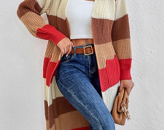 Color Block long sleeve Cardigan with front pockets