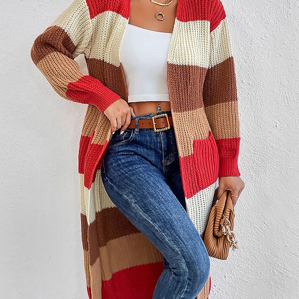 Color Block long sleeve Cardigan with front pockets