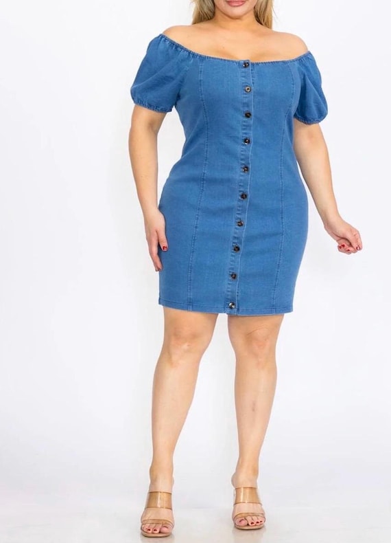 Women PLUS SIZE Short Sleeves Denim Dress - Etsy New Zealand