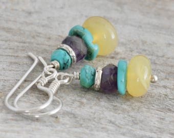 Ethiopian Opal AMETHYST Turquoise Sterling Hill Tribe Silver Dangle Artisan Earrings // Natural Gems // luluglitterbug