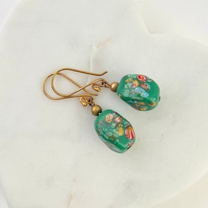 Vintage Art Glass Gold Vermeil Dangle Drop Pierced Earrings // Artisan Handcrafted Jewelry // luluglitterbug