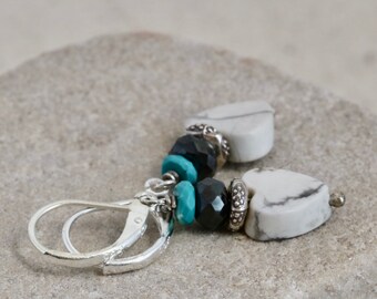 HOWLITE HEARTS Turquoise Hematite Sterling Hill Tribe Silver Pierced Earrings // luluglitterbug jewelry