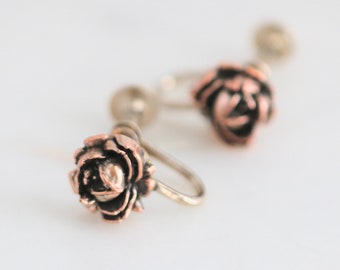 Vintage Copper Tone Rose Screw Back Earrings // Costume Jewelry // luluglitterbug