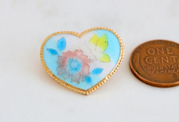 Small Enamel Heart Brooch Pin with Butterfly and … - image 5