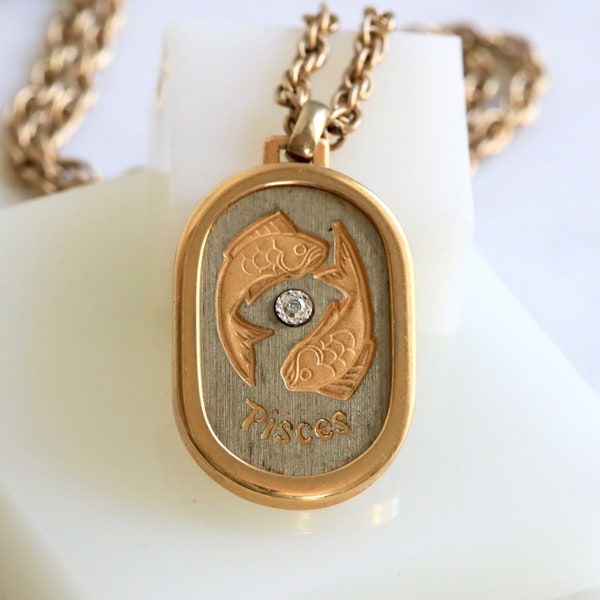 Pierre Cardin Pisces Zodiac Necklace with Diamond Gemstone // Vintage Jewelry // luluglitterbug